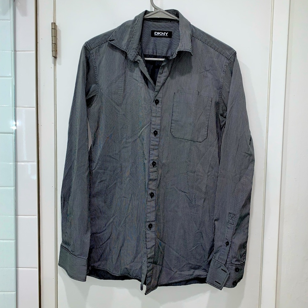 SOLD DKNY black and white thin striped button down shirt size as